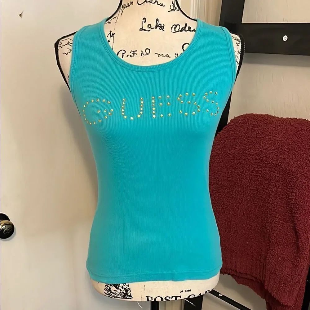 GUESS Y2K Blue Embellished Logo Pullover Tank Top 2000’s Feminine Casual
